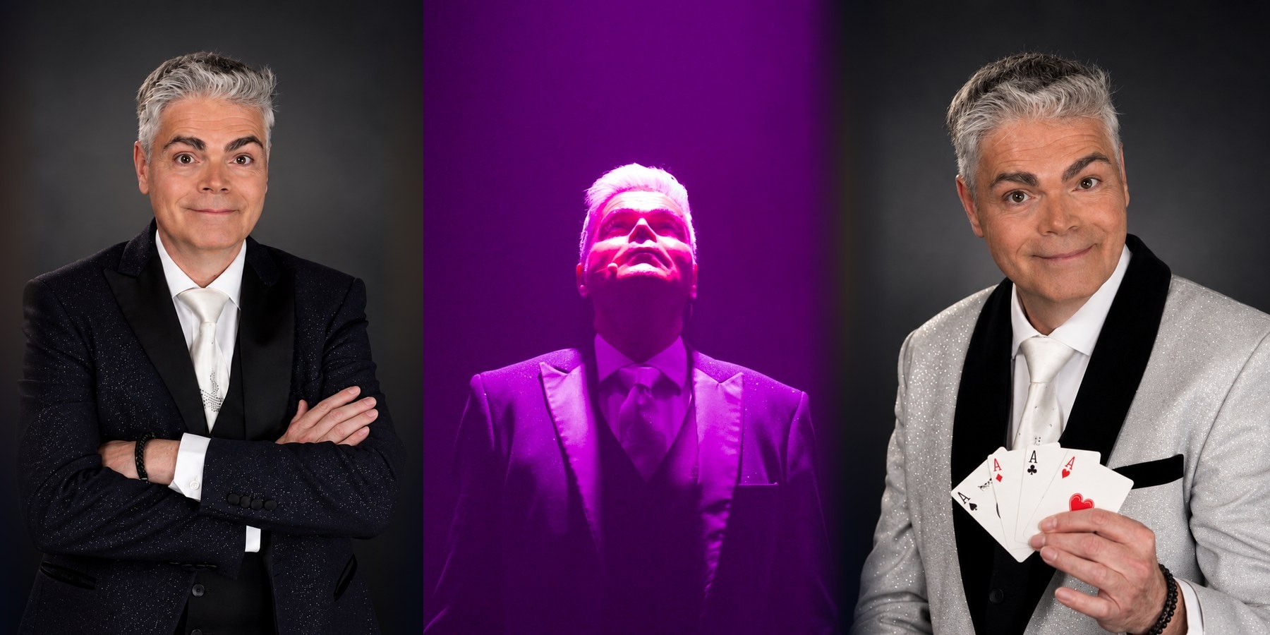 Triptyque de Nikola Pelletier : en scène sous un éclairage violet, en costume noir les bras croisés, et en costume blanc avec quatre as